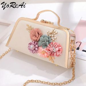 Evening Bags YoReAi Bag Clutch Highend Leather Wedding Bridal Handbag Pearl Flower Fashion Chain Party Packs 231017