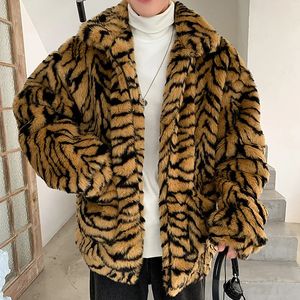 Men's Fur Faux Fur Faux Fur Coat For Men Turn-down Collar Tiger Leopard Imitate Fur Jacket Thick Winter Warm Fluffy Plush Loose Jumper Outwear 231018