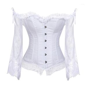 Bridal Corset Tops dla kobiet z rękawami w stylu wiktoriańskich retro burleski koronkowy gorset i rufie kamizelka ślubna moda White215z