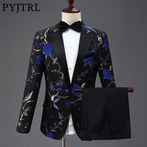 PYJTRL New Design Mens Stylish Embroidery Royal Blue Green Red Floral Pattern Suits Stage Singer Wedding Groom Tuxedo Costume CJ19304x