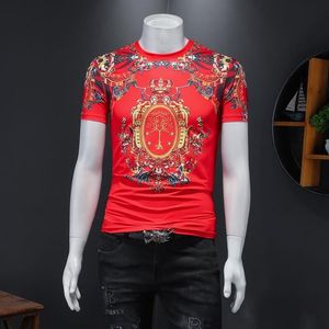 2023 summer cotton men's tops short-sleeved printed t-shirts trend embroidery palace retro flowers slim cotton red bottoming 271E