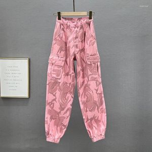 Calças de brim femininas rosa camuflagem calças de carga para mulheres 2023 primavera cintura alta solta leggings magros harun