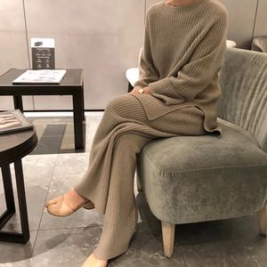 Womens Tracksuits HMA Fashion Winter Thicken Warm Knitted Pullover Sweater TwoPiece Suits High Waist Loose Wide Leg Pants Set 231018