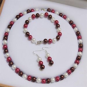 Handgjorda vackra 8mm Multicolor South Sea Round Bead Shell Pearl Necklace Armband örhängen Set 45 cm Fashion Jewelry 2set Lot2120