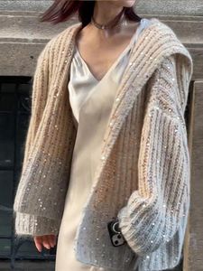 Women's Knits Sequin Mohair Sweater Women Gradient Hooded Loose Knitted Party Fashion Autumn Winter Cardigan Female Long Sleeve Tops Coat