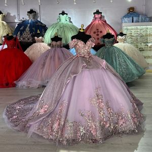 Lavender Sparkly Princess Off Shoulder Quinceanera Dresses Sweetheart Lace Applique Beads Sweet 16 Ball Gown Vestidos De 15 Anos