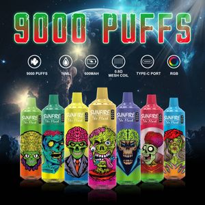 Top 1 Orijinal Sunfire Tornado 9000 Puflar Tek Kullanımlık E Sigara Vape 18ml Kalıcı Bobin 850mAh Pil 0% 2% 3% 5% Şarj Edilebilir Elektronik CIGS Sızan 9k Puff Büyük Buhar Yok