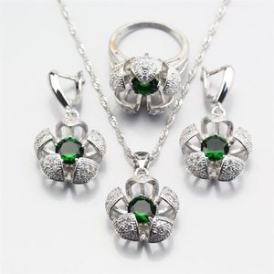Orecchini Collana Vendita Tridimensionale Argento Colore Verde Creato Set di gioielli con fiori di smeraldo per le donne Anello 6 7 8 9 10 JS3287k