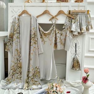 Sexy Pyjamas Elegant Print Flower 4PCS Pajamas Set Women Casual Kimono Bathrobe Gown Sexy Silky Rayon Sleepwear Nightgown Loose Home Clothes 231017