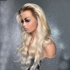 Synthetisches Haar mit dunklen Wurzeln, blonde Spitze-Front-Perücke, lange, lockere Wellen, natürliche Alltags-/Cosplay-Perücken für Frauen