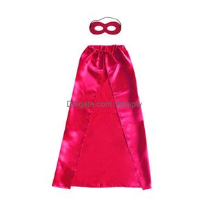 90x70 cm vanlig färg superhjälte cosplay cape och mask set grossist enskikts snörning för barn på 10-15 år 10 färger satin kostym