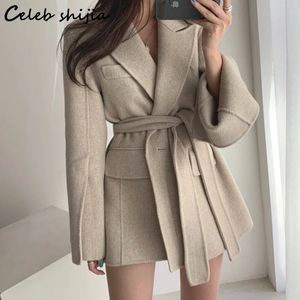 Kvinnors ullblandningar 2023 Khaki Woolen Jacka Women Laceup Winter Fall Chic Thicken Blend Coats Ladies Office Korean Elegant Autumn Outerwear Street 231017