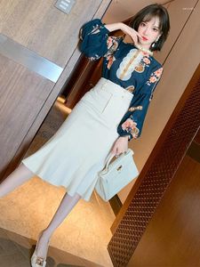 Work Dresses Printed Wooden Ear Edge Lantern Sleeve Shirt Fishtail Skirt Suit 2023 Spring High Quality Top