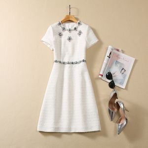 European and American women's clothing 2023 autumn new Round neck Short sleeve beading fashion White dress