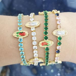 Link Bracelets QMHJE Virgin Mary Bracelet For Women Tennis CZ Crystal Black Green Pink Blue Charm Gold Color Trendy Jewelry Wholesale Luxury