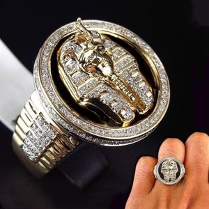Cooler männlicher Ring aus Gold, zweifarbig, schwarzer Emaille, Diamant, ägyptischer König Tutanchamun, Herren-Hochzeitsfeier-Schmuck, Größe 7–13211 K