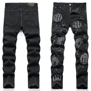 Brandneue Herren-Patchwork-Jeans mit Patches im Distressed-Look, Skinny-Passform, schmale Stretch-Jeans mit zerrissenen Moto-Jeans, verwaschenes Knieloch, Stickerei, Größe 29–38, Schwarz