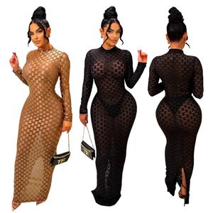Designer Sexy Hollow Out Dress Women Long Sleeve Bodycon Dresses Fall Sheath See Through Maxi Dress Night Club Party Wear Wholesale Clothes 10218