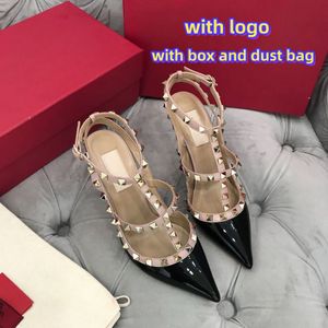 Rivets Sandals Designer Women High Heels Shoes Classics V Brand Red Wedding Shoes 6cm 8cm 10cm Thin Heel Pointed Sandal Nude Black Gold Silver Summer with Dust Bag 34-44