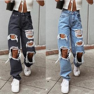 Kvinnors jeans kvinnor rippade kvinnor byxor stretchig lös rak förstört hål casual denim hip hop byxor y2k