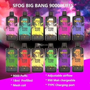 Novo dispositivo descartável para cigarros eletrônicos SFOG 9000 puffs kit mesh coil pod vapes puff pods pré-preenchidos cartucho de 12ml Recarregável e-cigarros vape pen vs Bang xxl puff xxl