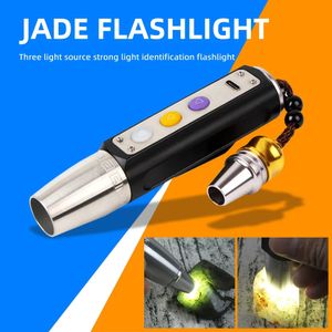 Flashlights facklor USB -laddning Jade Identification ficklampa 3 Färg Ljus GEM smycken Lamp Mini LED Torch Outdoor Waterproof Camping Lamp 231018