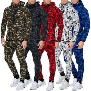 Homens Tracksuits Homens Camuflagem Tracksuit Set Manga Longa Zip Hoodie Tops Calças Jogging Sportswear Preto Azul Verde Vermelho White242g