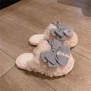 Womens autumn grey Brown Bow decoration leisure indoor soft bottom cotton slippers fashion home bedroom warm Cute girls Keep warm in winter size 36-41