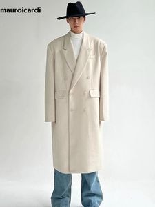 Misturas de lã masculina Mauroicardi outono inverno longo bege oversized grosso quente macio casaco masculino duplo breasted solto moda coreana 2023 231018