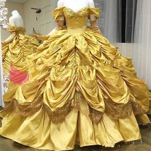 화려한 노란색 Quinceanera 드레스 어깨 공주 Taffeta 고딕 양식 무도회 드레스 주름 스커트 달콤한 16 가운 관습