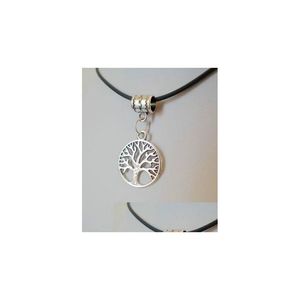Anhänger Halsketten Mode 12 teile/los Tibetische Silber Legierung Baum des Lebens Kreis Erde Symbol Anhänger Halskette Schnur Schwarz Leder Schmuck NE DHTT3
