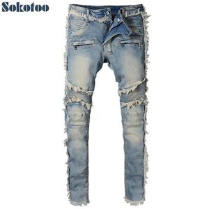 Sokotoo Men's vintage washed denim fringe biker jeans for moto Fashion slim fit straight patchwork pants for big and tall212O