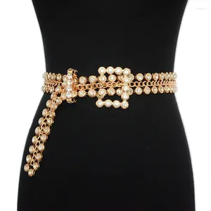 Belts Fashion Rhinestone Chain Belt Women Lady High Waist Gold Crystal Pearl Pin Buckle Waistband Jewelry Dress Metal