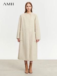 Wool Blends amii minimalistyczny chiński wełniany płaszcz dla kobiet zima długie ciepłe stojaki podwójne modne kurtki żeńskie 12344070 231018