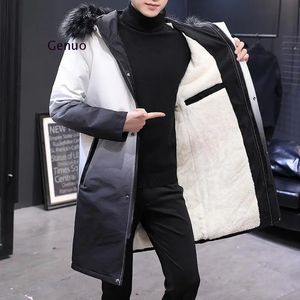 Herrarna ner parkas vinterjacka män gradient huva smala koreanska parka hombre long coat kashmir mens vindbrytare bomull 231017