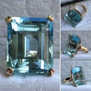 Küme halkaları büyük kare şekil rhinestone kadınlar için deniz mavisi prenses kristal yüzük düğünler parti modaya uygun mücevher254c