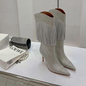 Amina Begum Slender High Heel High Barrel Boots Rhinestone Pointed Strap Tassel Boots Over Knee Boots Luxury Designer Shoes Top Factory Shoes
