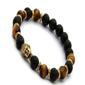 Perle di pietra lavica Buddha Braccialetti da uomo Nastro in oro e Bronez Buddha Bracciale yoga nero unisex316f