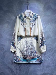 女性用セット2023秋の新しいポロカラープリントシャツハーフスカートセット2ピースセット_ XLファッション