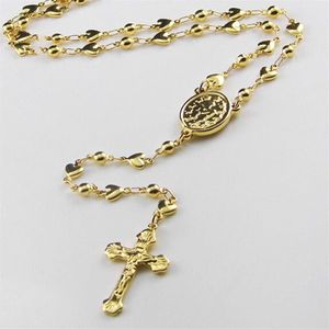 Милый стиль, 5 мм, для женщин и девочек, подарок, золотые четки, ожерелье из нержавеющей стали, религиозный крест Иисуса, бусины в форме сердца, распятие293G