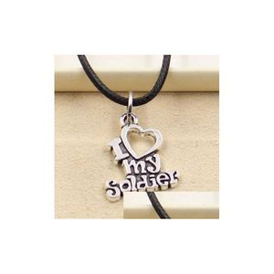 Pendant Necklaces Sell 20Pcs/Lot Tibetan Sier Letter I Love My Soldier Necklace Choker Charms Pendant Black Leather Jewelry Necklaces Dhegi