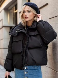 Women Down Parkas moda zimowa beżowa bawełniana kurtka damska płaszcz czarny z kapturem streetwear y2k w stylu kaczki samica Krótka warstwa warta 231018