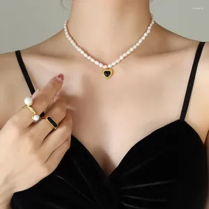 Choker Promotion Aktivitet svart glas sötvatten pärlor kedja rostfritt stål halsband smycken för kvinnor brud bröllop tillbehör