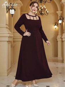 Plus Size Dresses Add Elegant Dress Women 2023 Autumn O-Neck High Waist Hollow Out Design Stylish Long Sleeve Loose Clothing B1144