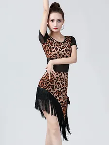 Palco desgaste mulheres malha leopardo trajes de dança latina borla competição roupas feminino adulto sexy vestido de salão samba vestidos