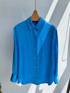 Blusas femininas de seda azul cetim blusa 2023 outono topos feminino único breasted manga longa camisa temperamento