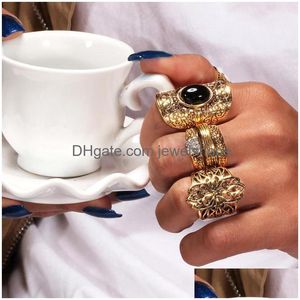 Cluster Rings Cluster Rings Classic Black Crystal Round Tibetan Sier Clouds Flower Geometrical Irregar Ring Set Lady Charm Costume Jew Dhjvy