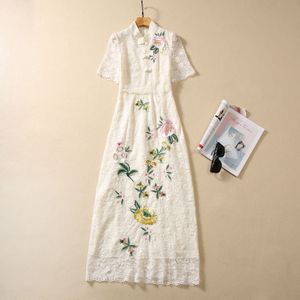 European and American women's clothing 2023 autumn new Stand collar buckle Short sleeve lace embroidery Fashion dress XXL