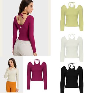 LU-1576 Women Vertical Ribbed Yoga Shirt Sexy Butterfly Strap Neck Sports Shirt Long Sleeve Slim-fit Fitness Shirt