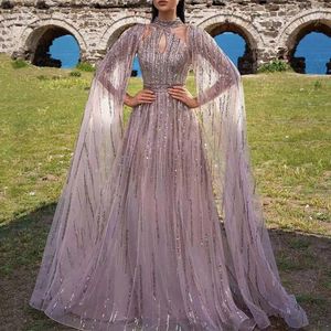 Casual Dresses Luxury Naken Evening Dress Halter Long Cape Sleeve Party Sequin Hollow Out A-Line Big Swing Midje tillbakadragande Prom